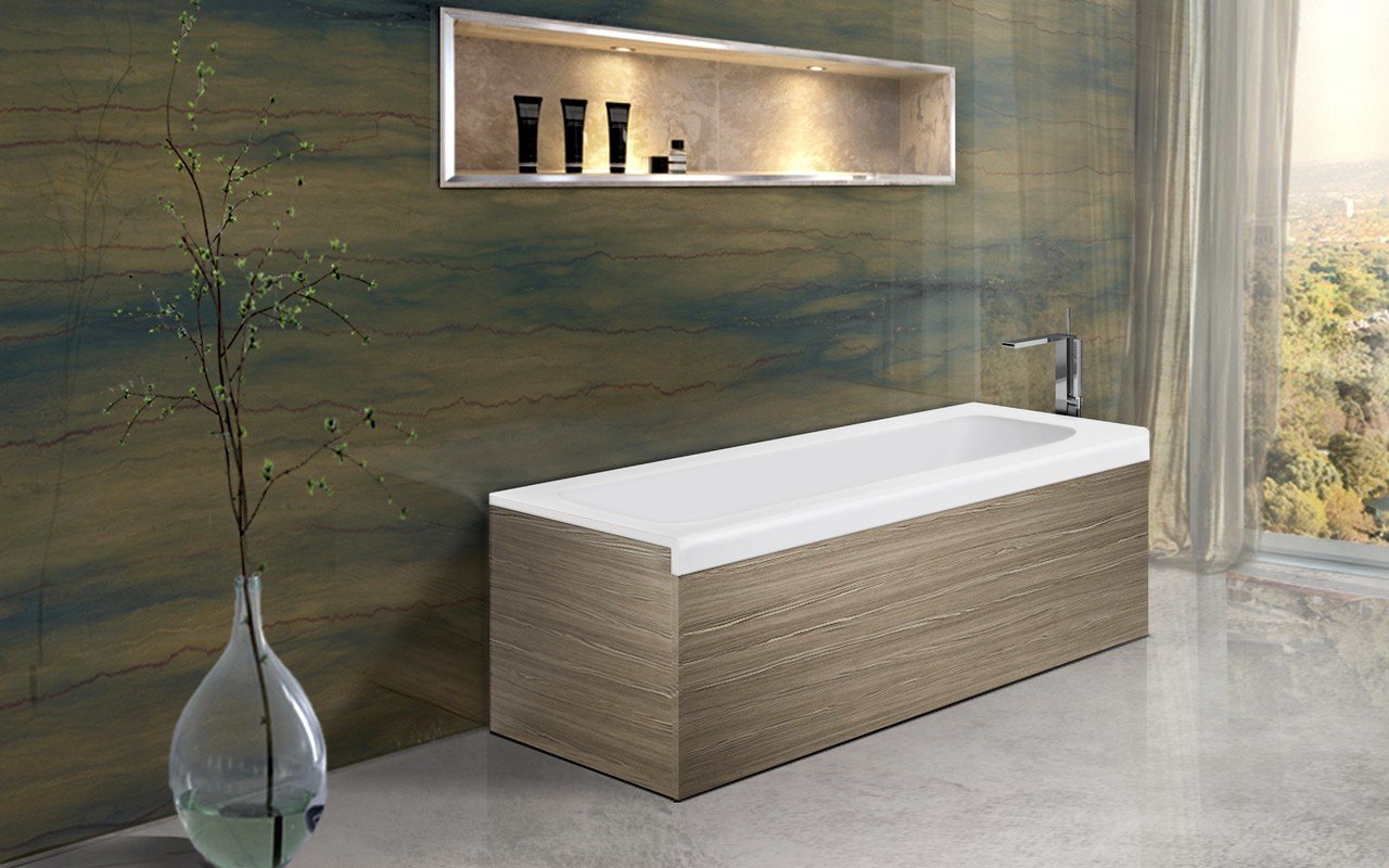 Aquatica Pure 1L Back To Wall Solid Surface Bathtub with Light Decorative Wooden Side Panels picture № 0