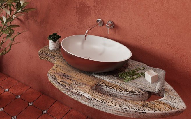 Aquatica Spoon-2 Oxide Red-Wht Stone Bathroom Vessel Sink
