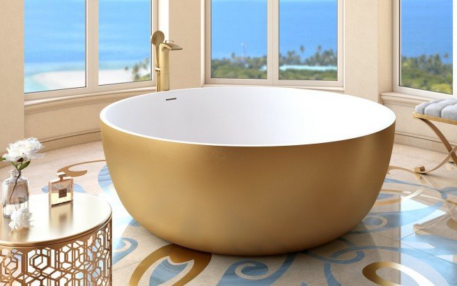 Aquatica Adelina Pearl Gold-Wht Round Freestanding Solid Surface Bathtub